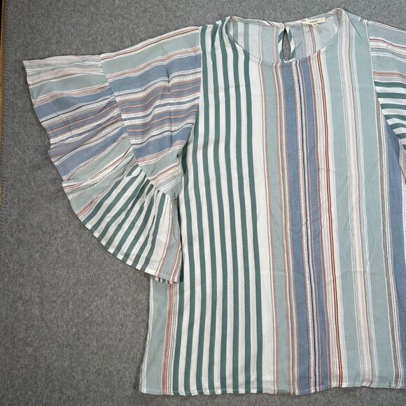 Entro Striped Bell Sleeve Blouse Women's Medium Top Green - Picture 2 of 10